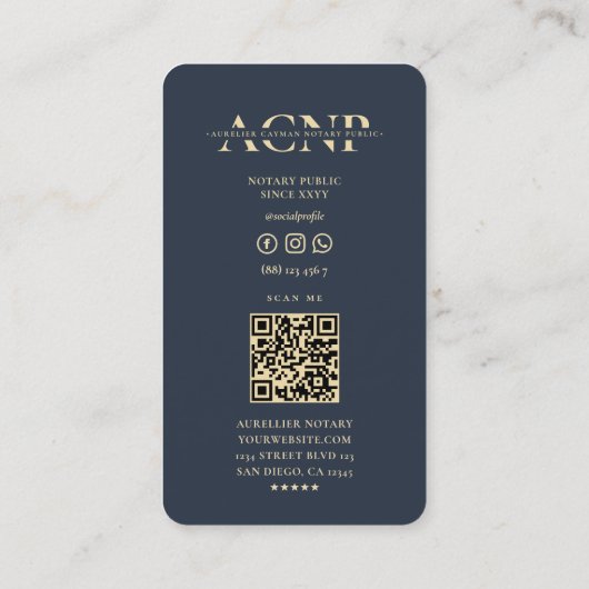 Notaris Gouden Quill Monogram Donkerblauw Modern Visitekaartje (Achterkant)