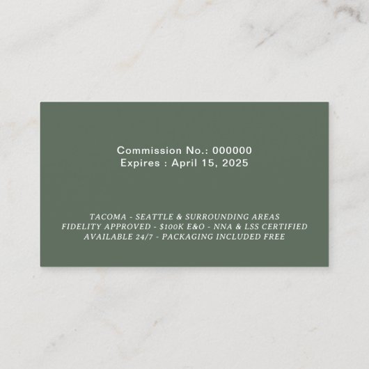 Notaris Lening Signing Agent Elegant Sage Groene F Visitekaartje (Achterkant)