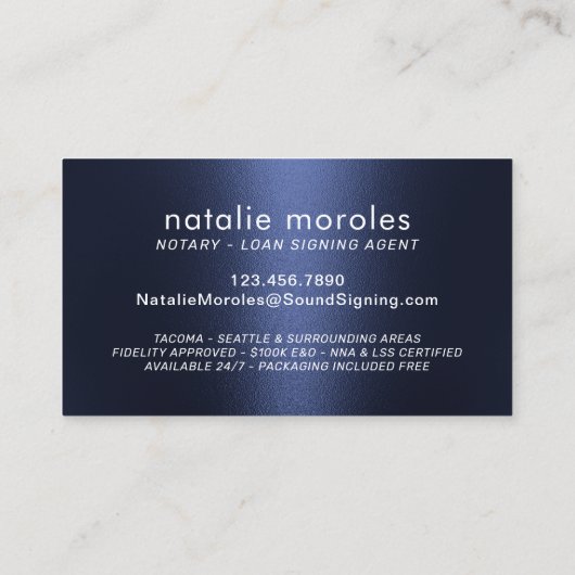 Notaris Lening Signing Agent Metallic Navy Blue Visitekaartje (Achterkant)