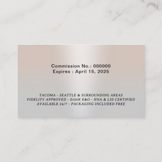 Notaris Lening Signing Agent Moderne Zilveren Foto Visitekaartje (Achterkant)