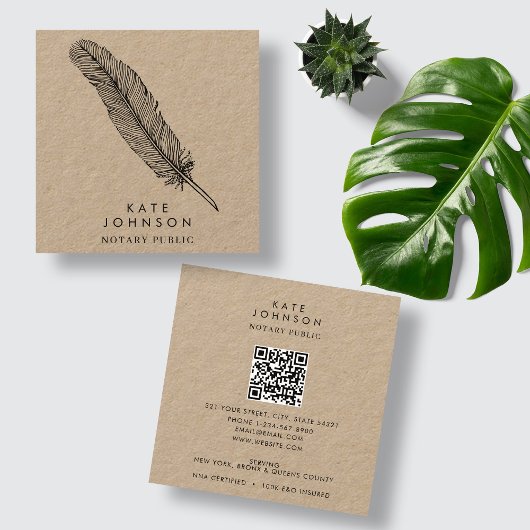 Notaris ondertekenaar Feather Quill Rustic Kraft Vierkante Visitekaartje