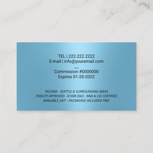 Notaris Ondertekenaar Lichtblauwe Quill Logo Visitekaartje (Achterkant)