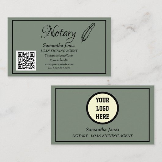 Notaris Ondertekening Agent QR Code Sage Green Visitekaartje (Voorkant / Achterkant)
