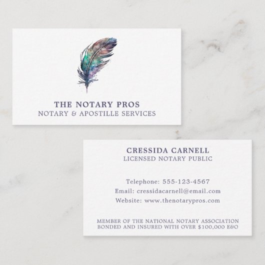 Notaris Openbare Apostille Service Waterverf Feath Visitekaartje (Voorkant / Achterkant)