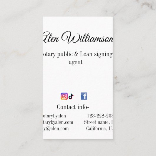 Notaris openbare Lening ondertekening agent toevoe Visitekaartje (Achterkant)