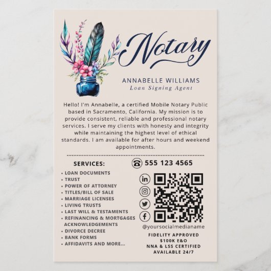 Notaris Openbare Waterverf Quill Feather QR Code Flyer (Voorkant)