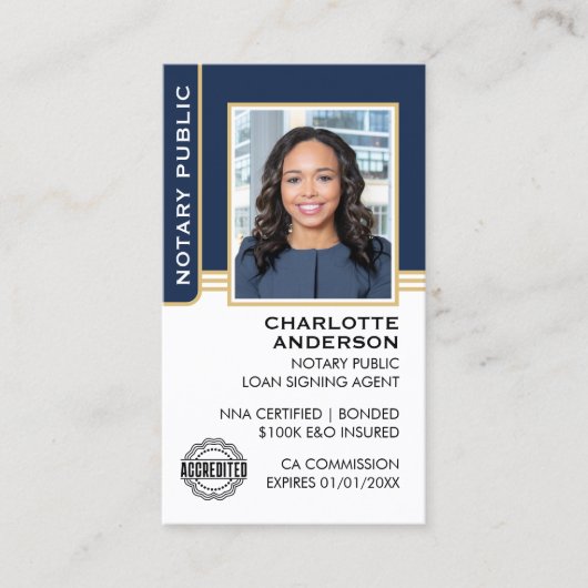 Notaris Overheidslening Signing Agent ID Blue Gold Visitekaartje (Voorkant)