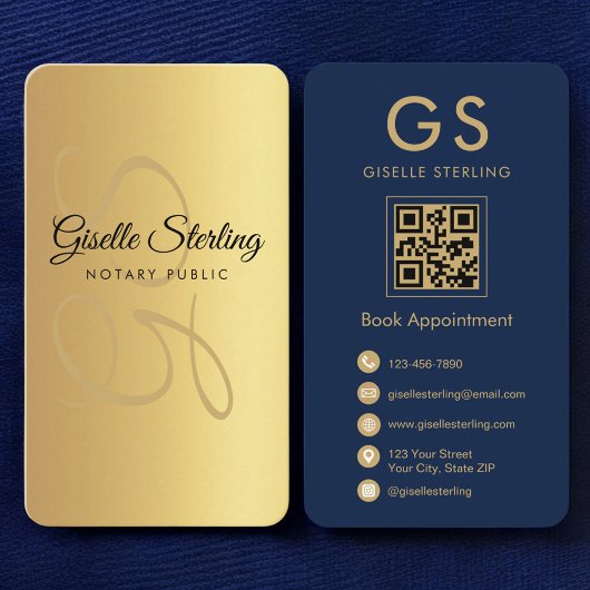 Notaris Public Gold Navy Blue QR Code Monogram Visitekaartje