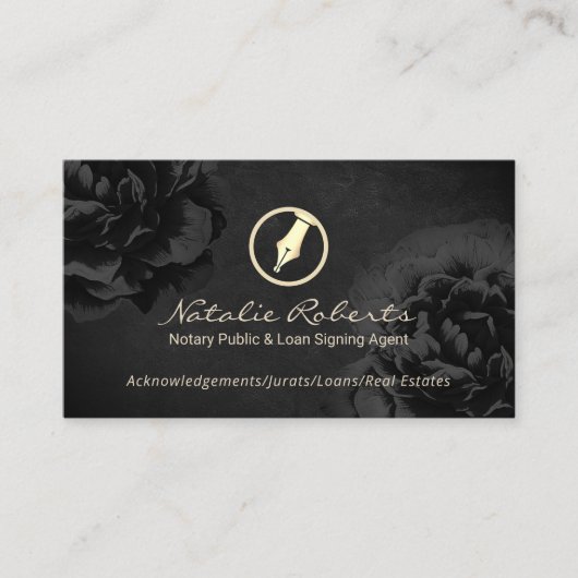Notaris Public Loan Signing Agent Black Floral Visitekaartje (Voorkant)