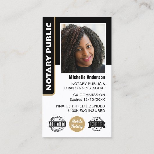 Notaris Public Loan Signing Agent Foto ID Gold Visitekaartje (Voorkant)