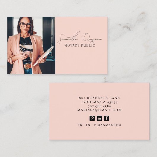 Notaris Public Peach Pink Fotoscript Handtekening Visitekaartje (Voorkant / Achterkant)