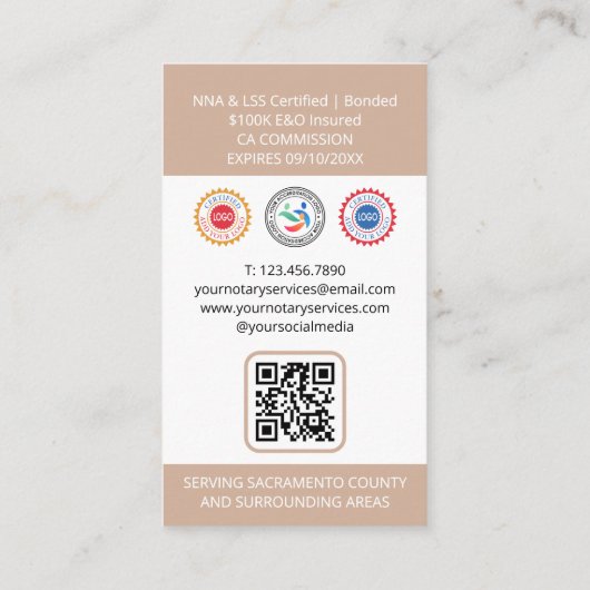 Notaris Public Signing Agent Foto QR-code Beige Visitekaartje (Achterkant)