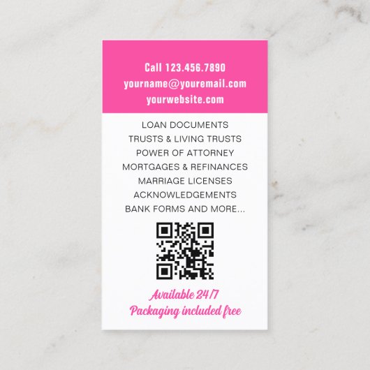 Notaris publieke lening ondertekenaar foto ID roze Visitekaartje (Achterkant)