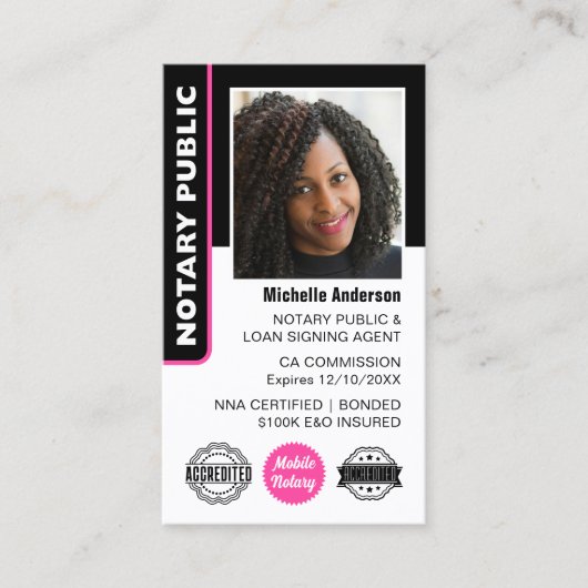 Notaris publieke lening ondertekenaar foto ID roze Visitekaartje (Voorkant)