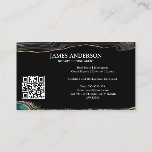 Notaris Signing Agent Agate Zwart Goud Glitter Visitekaartje (Achterkant)