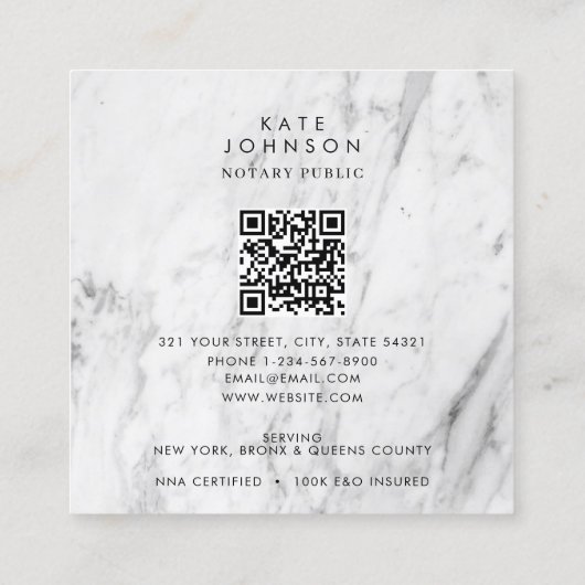 Notaris Signing Agent Feather Quill Modern Marmer Vierkante Visitekaartje (Achterkant)