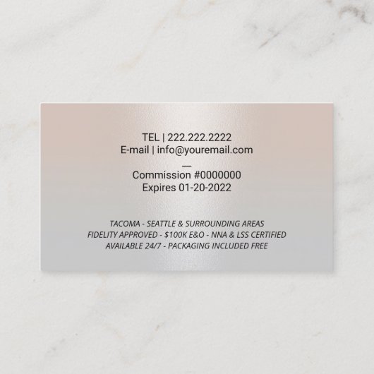 Notaris Signing Agent Gouden Quill Elegant Zilver Visitekaartje (Achterkant)