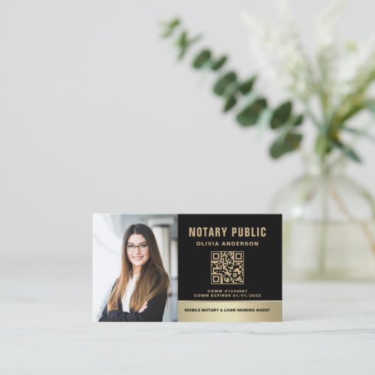 Notaris Signing Agent QR Code Foto Zwart & Goud Visitekaartje (Staand voorkant)