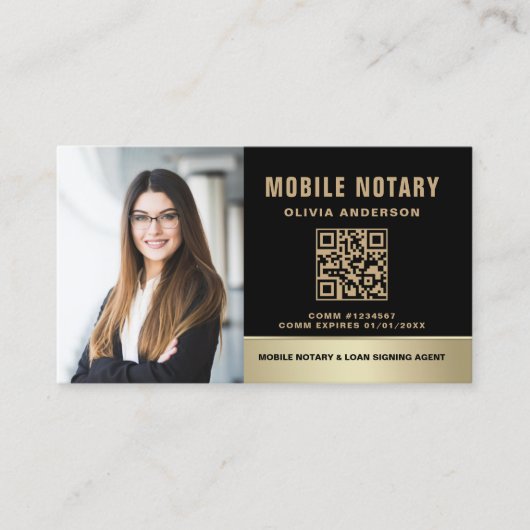 Notaris Signing Agent QR Code Foto Zwart & Goud Visitekaartje (Voorkant)