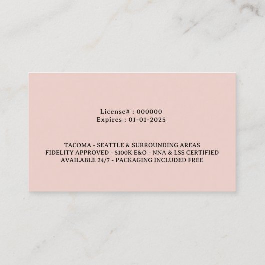 Notaris Signing Agent  Quill Pen Blush Pink Visitekaartje (Achterkant)