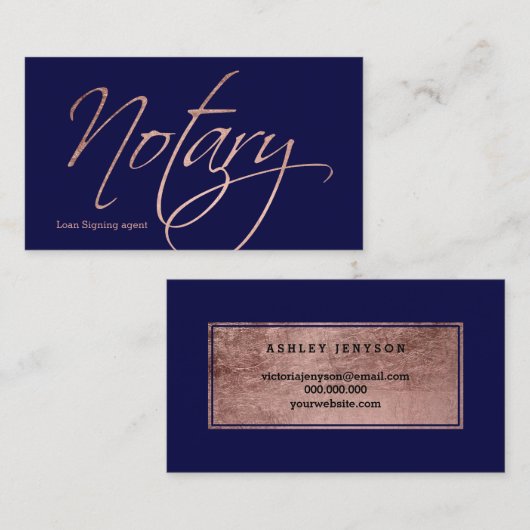 Notariscript faux roos gold typografie navy blue visitekaartje (Voorkant / Achterkant)