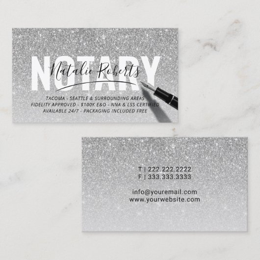 Notarishandtekening van de agent Silver Glitter Visitekaartje (Voorkant / Achterkant)