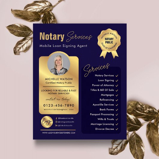 Notarislening ondertekenaar Navy & Gold Logo Foto Flyer