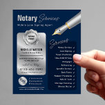 Notarislening ondertekenaar Stamp Navy & Silver Lo Flyer<br><div class="desc">Professionele marine & zilveren notaris openbare flyer met ruimte voor uw logo, diensten, contactgegevens en aangepaste notaris badge / stempel. Deze moderne marineblauwe en faux zilveren lening ondertekening agent marketing flyer beschikt over volledig bewerkbare tekst en lay-out. Gebruik dit mobiele notaris flyer ontwerp om uw notaris en lening ondertekening agent...</div>