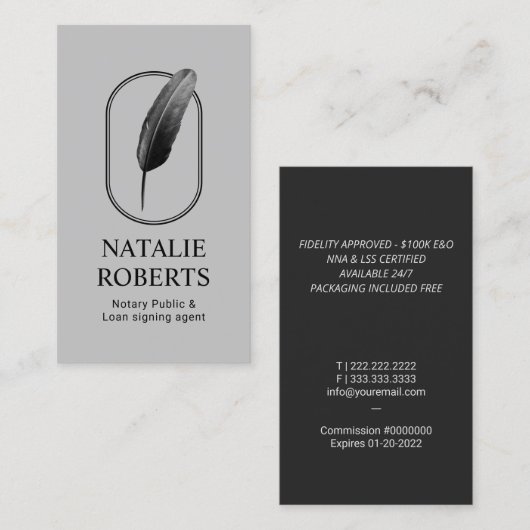 Notarisondertekenaar Modern Quill Logo Silver Visitekaartje (Voorkant / Achterkant)