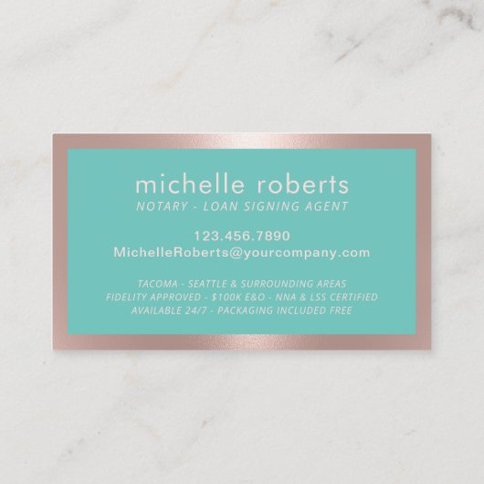 Notarisondertekenaar Modern Roos Gold & Blauwgroen Visitekaartje (Achterkant)