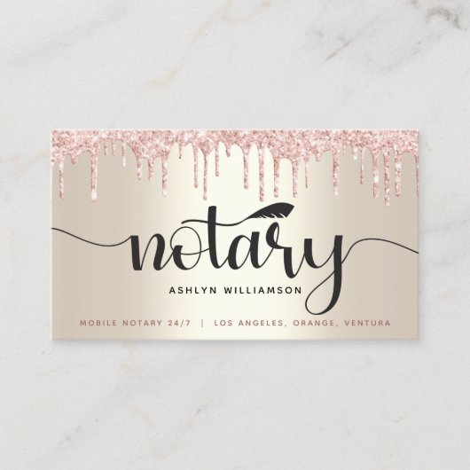 Notaristekenaar roze glitter-script gouden visitekaartje (Voorkant)