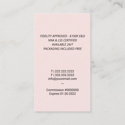 Notaristekenaar zwart-kwill Blush roze Visitekaartje (Achterkant)