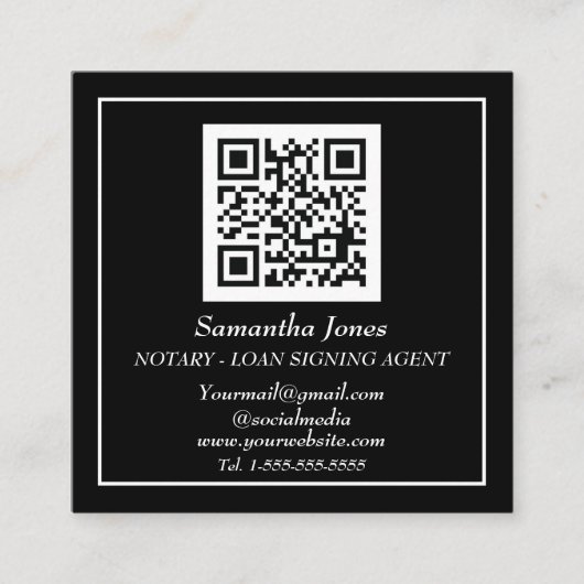 Notary Loan Signing Agent QR Code Scannable Black Vierkante Visitekaartje (Voorkant)