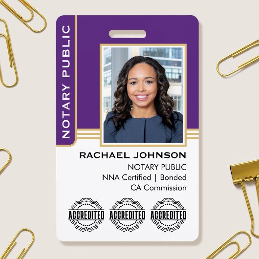 Notary Public Custom Photo Logo ID Purple Gold Badge