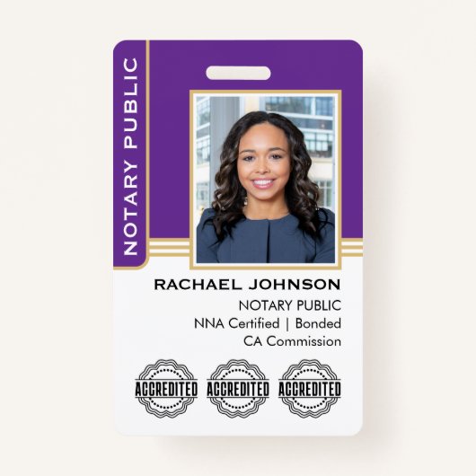Notary Public Custom Photo Logo ID Purple Gold Badge (Voorkant)