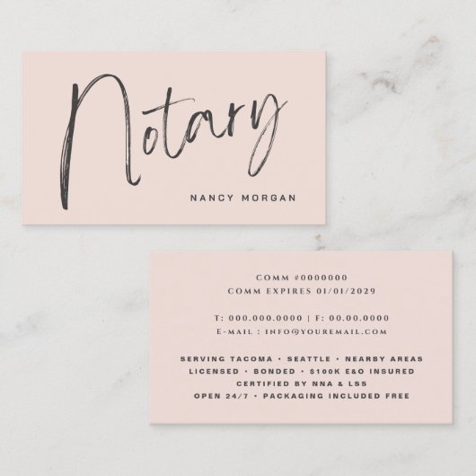 Notary Public Script Calligraphy Blush Pink Visitekaartje (Voorkant / Achterkant)