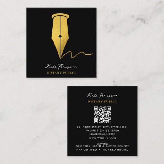 Notary Signing Agent Calligraphy QR Code Gold Vierkante Visitekaartje (Voorkant / Achterkant)