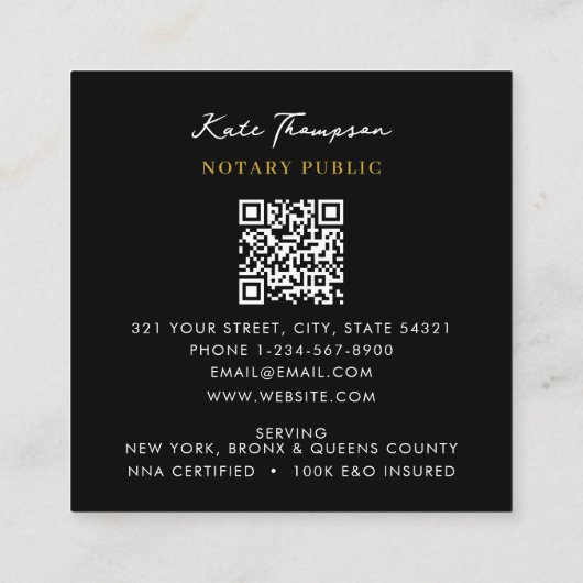 Notary Signing Agent Calligraphy QR Code Gold Vierkante Visitekaartje (Achterkant)