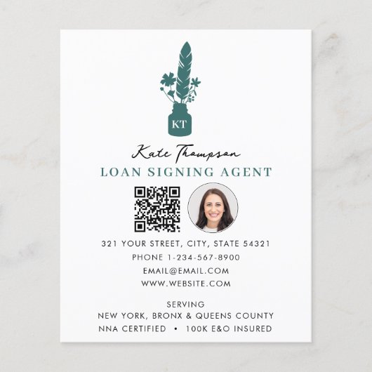 Notary Signing Agent QR Code Photo Botanical Quill Flyer (Voorkant)