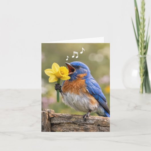 Note Card Bluebird Singing with a Yellow Daffodil Kaart (Voorkant)