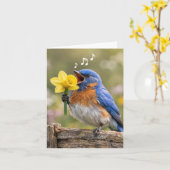 Note Card Bluebird Singing with a Yellow Daffodil Kaart (Gele Bloem)