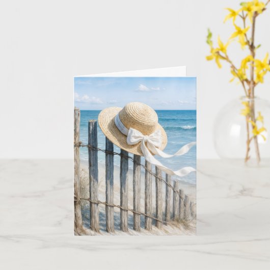 Note Card Summer Hat On a Beach Fence Kaart (Gele Bloem)