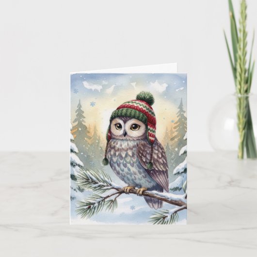 Note Card Watercolor Owl In Winter Hat Kaart (Voorkant)