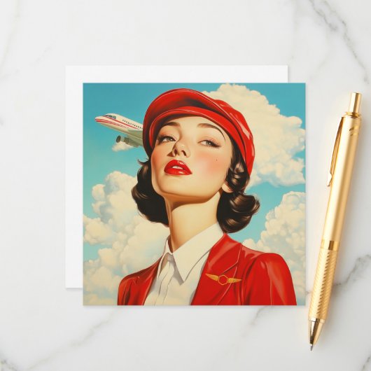 Note Kaart met stewardess en vliegtuig (Voorkant / Achterkant in situ)