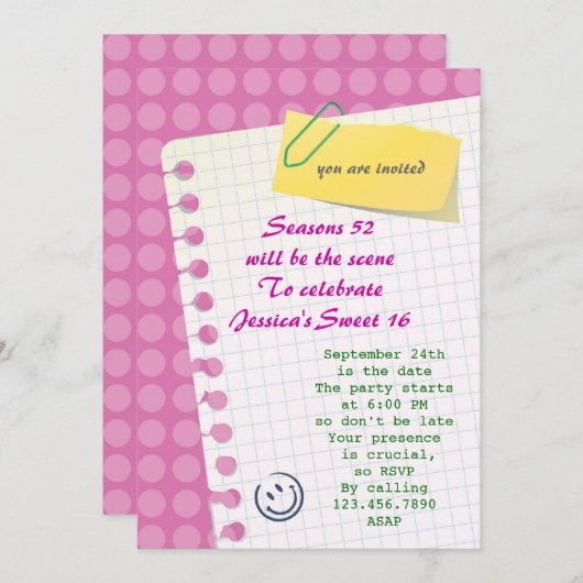 Notebook Sweet 16 Uitnodiging (Voorkant / Achterkant)