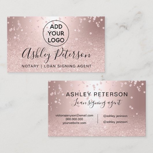 Noteerbaar logo metalen roos goud glitter visitekaartje (Voorkant / Achterkant)