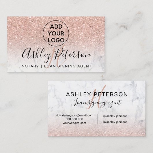 Noteerbaar logo monogram marmer roos goudglitter visitekaartje (Voorkant / Achterkant)