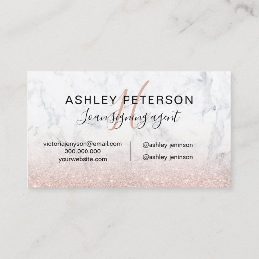 Noteerbaar logo monogram marmer roos goudglitter visitekaartje (Achterkant)