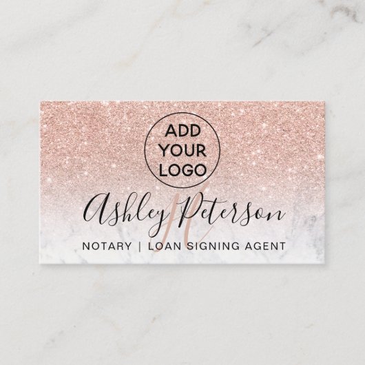 Noteerbaar logo monogram marmer roos goudglitter visitekaartje (Voorkant)