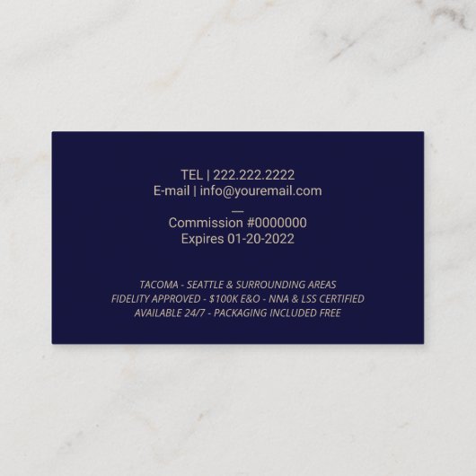 Noteerbare leningnemer Gold Quill Pen Logo marine Visitekaartje (Achterkant)